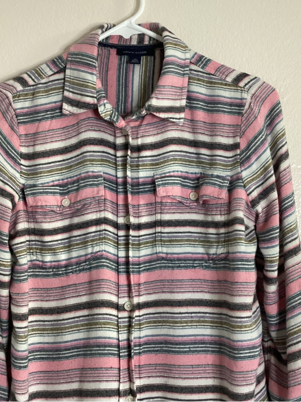 Tommy Hilfiger Women’s Striped Button Down Shirt Size XS Pink Multicolor Rayon